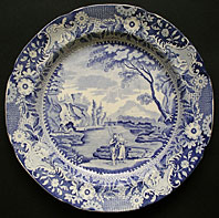 ROCKINGHAM YORKSHIRE BRAMELD PATTERN< CASTLE OF ROCHEFORT, BLUE AND WHITE PEARLWARE TRANSFER PRINTED PLATE C.1810-20