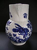 antique blue and white pottery image - WORCESTER PORCELAIN BLUE AND WHITE MASK JUG WITH THE PARROT PECKING FRUIT PATTERN BFS II B.23 1770-1785