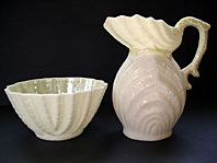 Belleek pottery image - IRISH BELLEEK DOUBLE SHELL PATTERN CREAM JUG AND SUGAR SET, FIRST GREEN MARK C.1946-1955