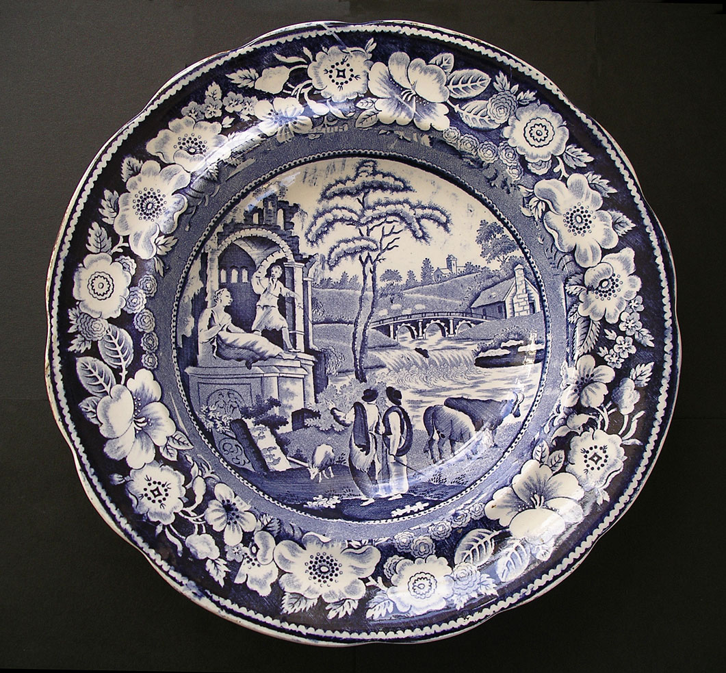 Antiqueszone for sale: Robert Hamilton The Philosopher pattern antique blue and white pottery transferware dish c.1811-26