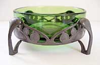 STYLISH ENGLISH ART NOUVEAU LIBERTY PEWTER ARCHIBALD KNOX TUDRIC FOOTED BOWL AND POWELL GLASS LINER C.1905