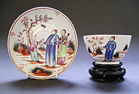 POPULAR NEW HALL STAFFORDSHIRE ENGLISH PORCELAIN BOY AND THE BUTTERFLY PATTERN 421 TEABOWL AND SAUCER C.1785-1800