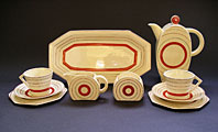 Art Deco pottery image - STUNNING ART DECO CERAMICS: CLARICE CLIFF BON JOUR SHAPE TARGET PATTERN COFFEE SET SIX PIECES C.1933-35