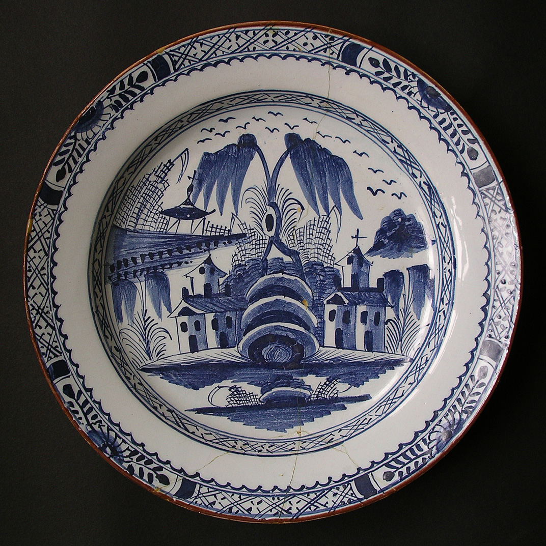 Antique pottery - An English Delftware London Lambeth Tin-Glazed large Charger dish Abigail Griffith pot works C.1770-85