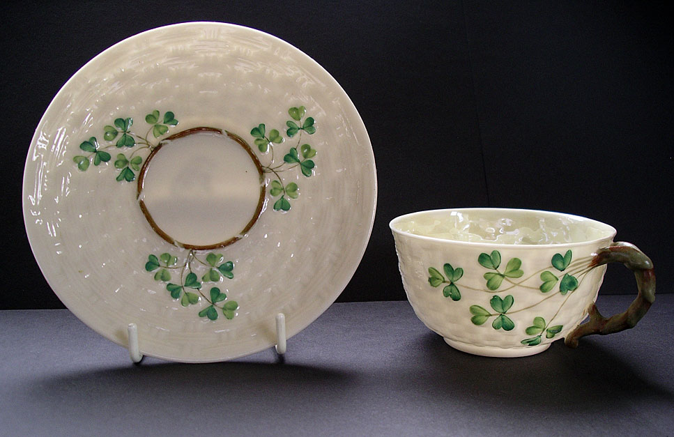 Belleek Pottery Irish Shamrock pattern tea cup and saucer set Second Black Mark c.1891-1926